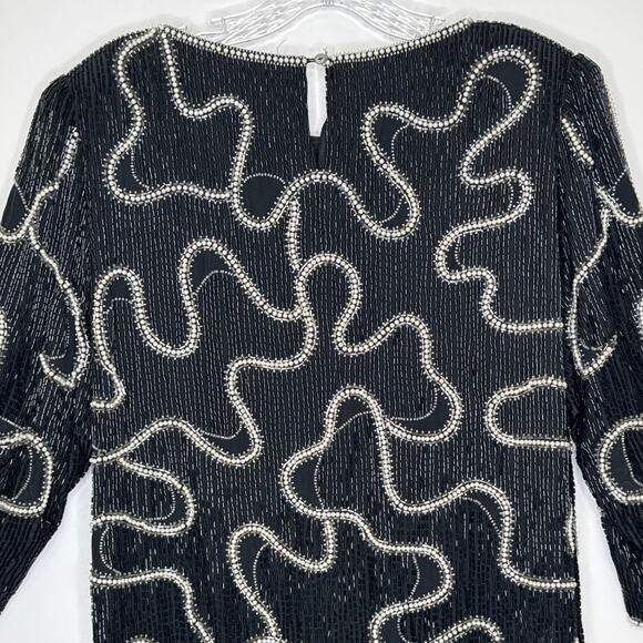 Vintage Michelle Yim for Zimble Silk Beaded Mini Dress Black Pearl 80s Glam M - Picture 13 of 16